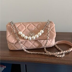 Badgley Mischka Blush Quilted Shoulder Bag with Pearl Detail